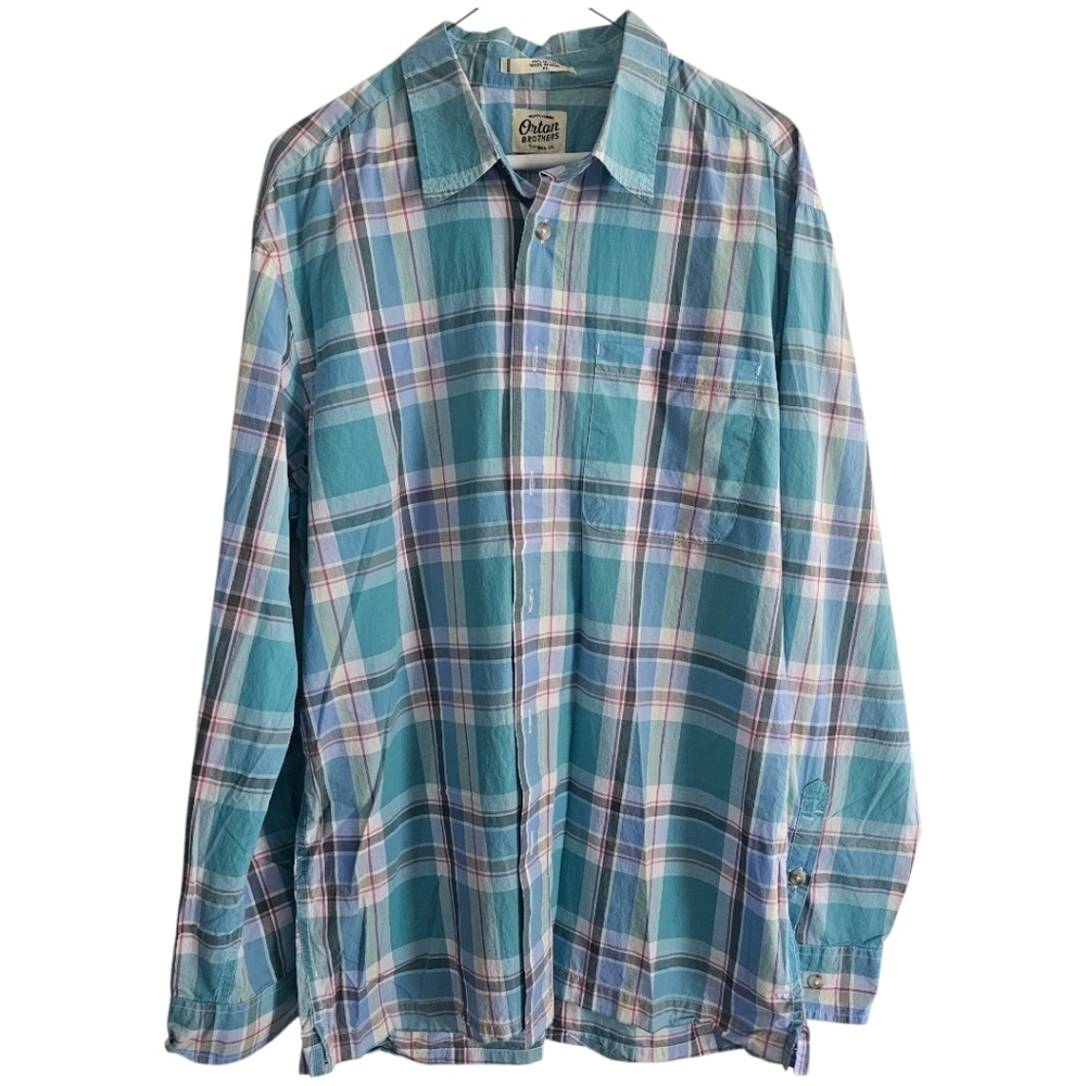 Orton Brothers Plaid Shirt Mens XL Blue Green Cotton Button Front Casual